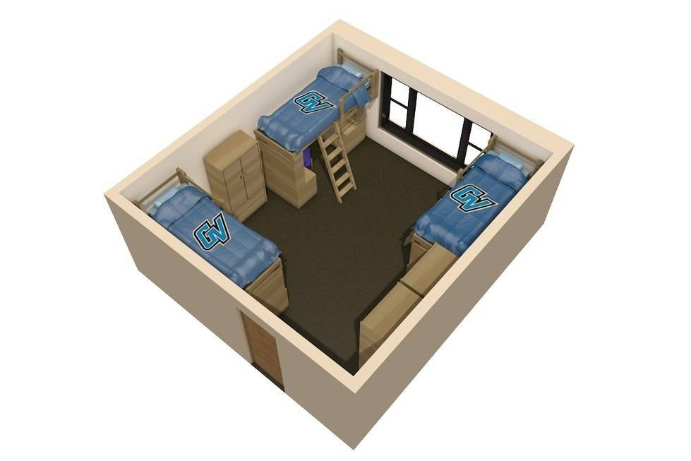 Cluster Triple 3D layout featuring three beds, wardrobes, and desks.